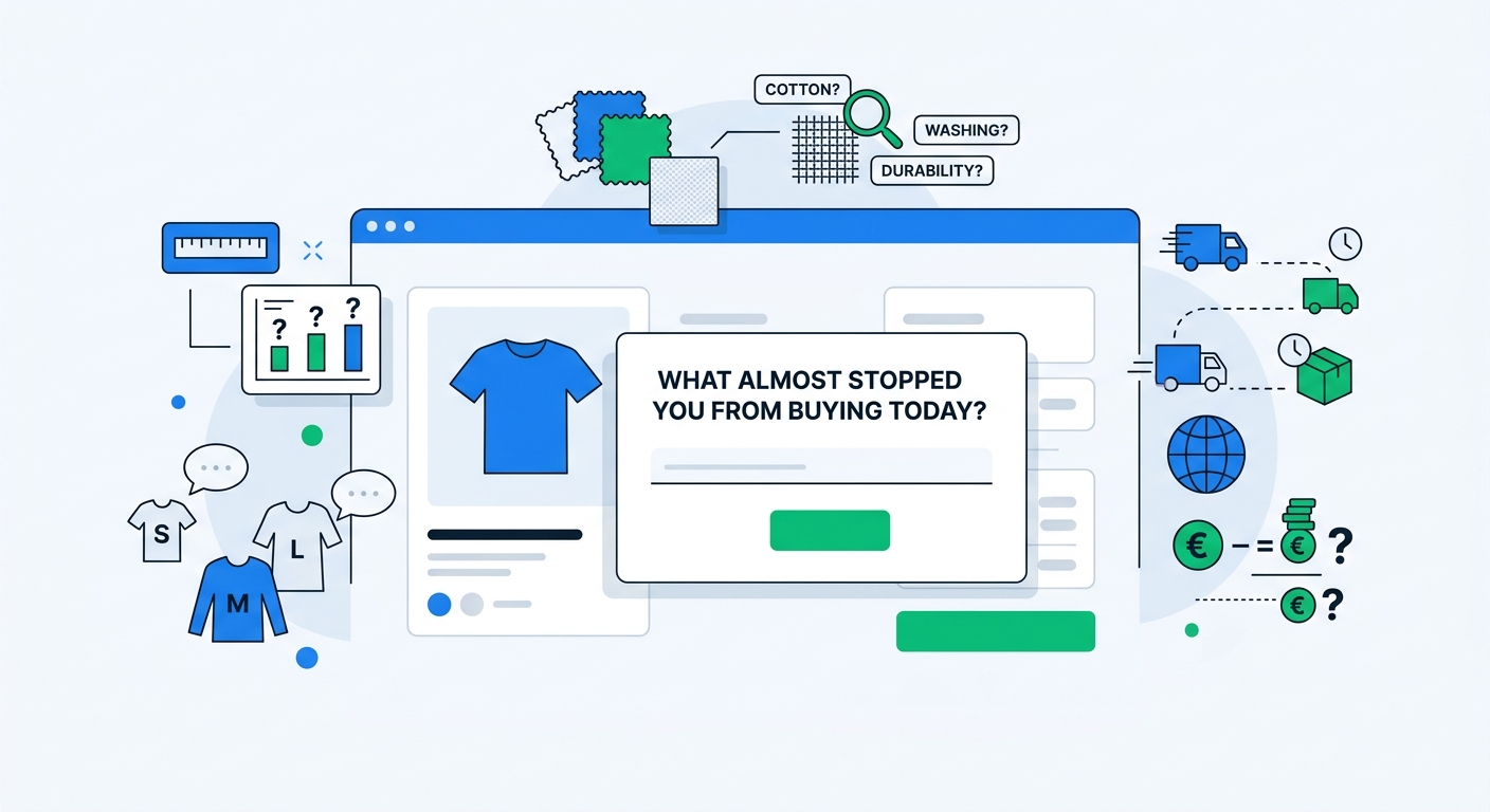 An e-commerce storefront with a one-question popup asking what almost stopped you from buying, alongside highlighted hesitation themes like sizing, materials, and shipping expectations