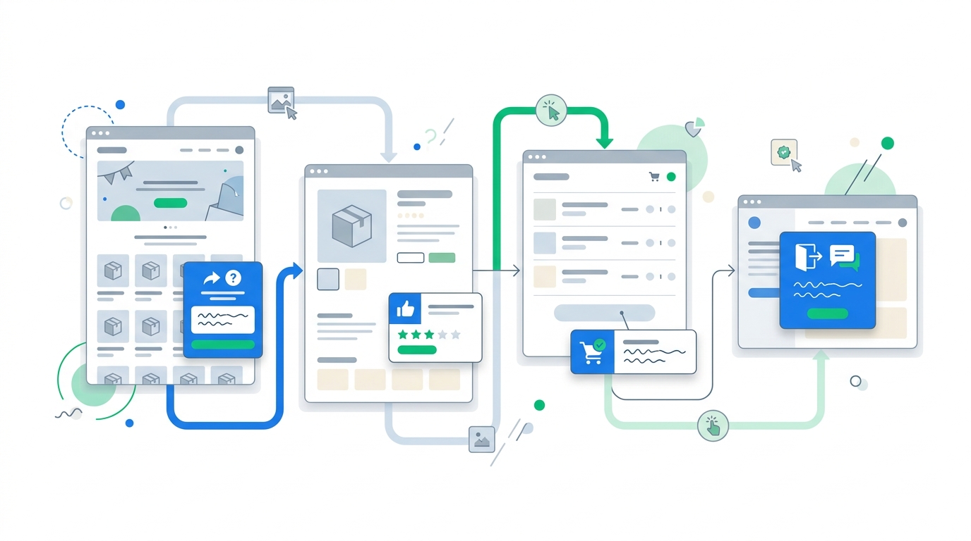 A visual map of a Shopify customer journey with survey cards placed on the homepage, product page, cart, and exit intent moment, using blank UI panels and soft ecommerce colors