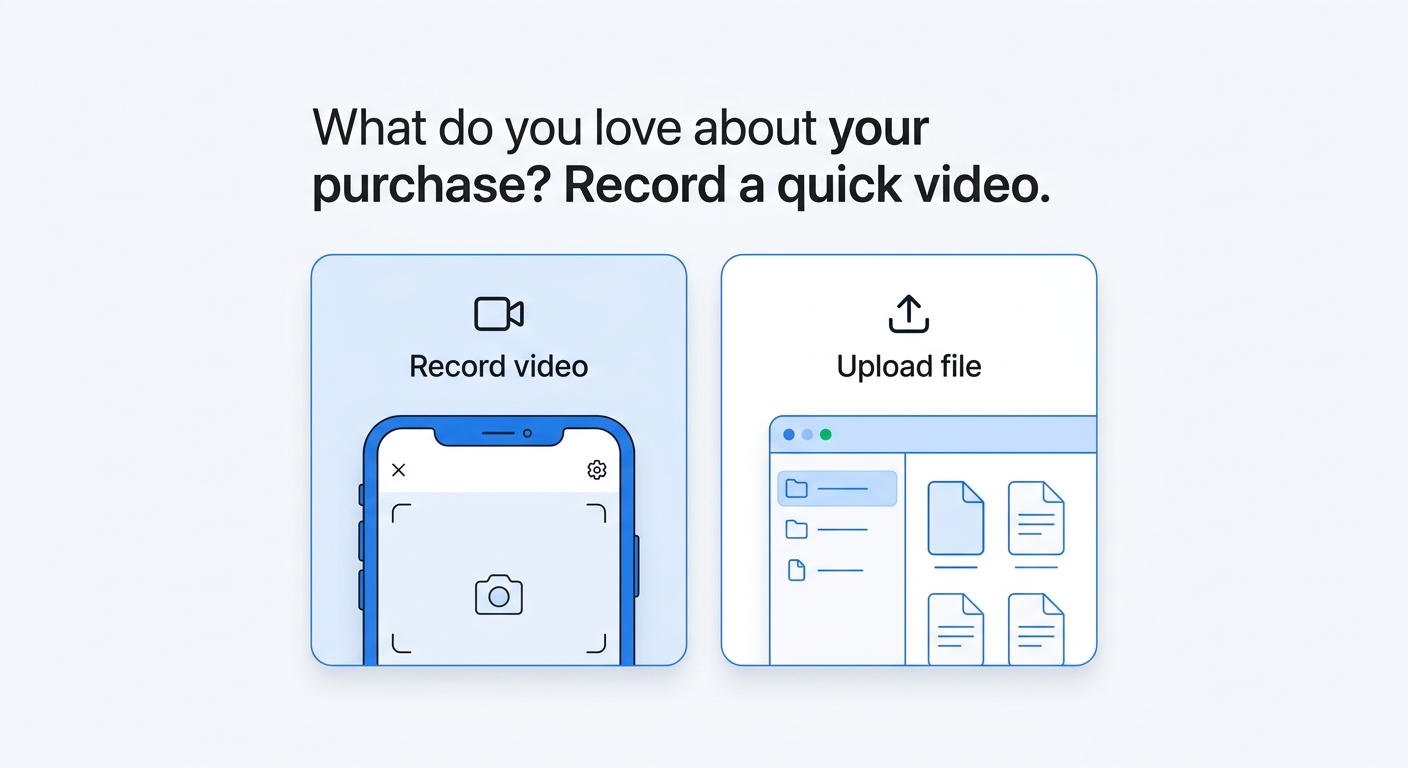 A survey flow showing a video question where the customer can choose to record on camera or upload an existing video