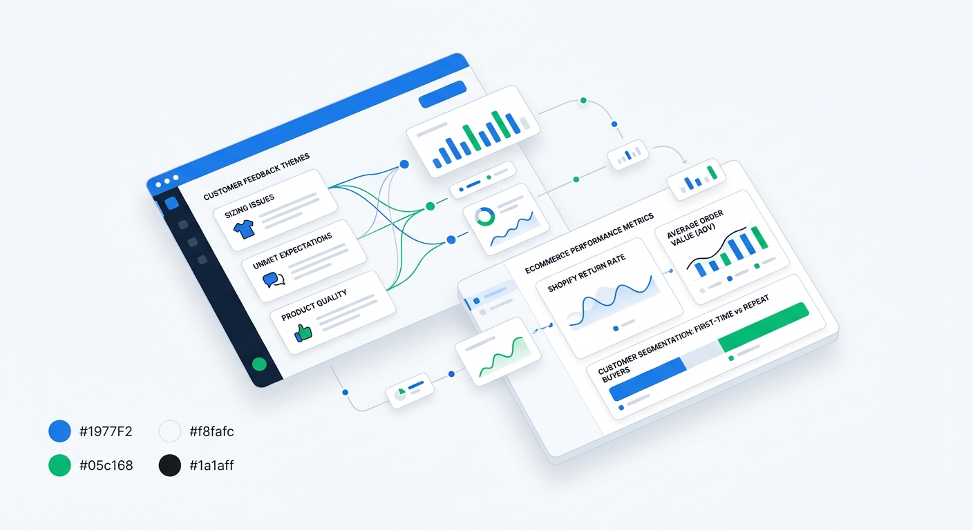 A clean analytics dashboard illustration showing survey themes like sizing, expectations, and product quality linked to Shopify return rate, AOV, and first-time vs repeat buyers