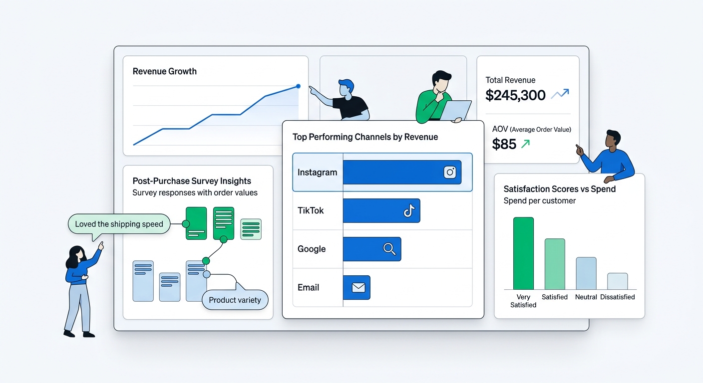 Modern ecommerce revenue dashboard UI showing post-purchase survey responses linked to order values and AOV, cards highlighting top performing channels by revenue, satisfaction scores tied to spend, clean data visualization style, editorial illustration