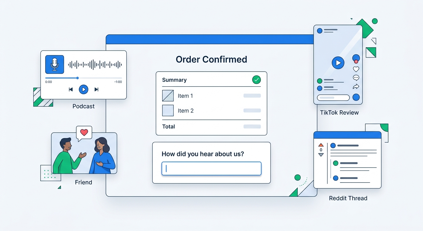 An order confirmation page with a simple open-text survey asking How did you hear about us, surrounded by floating examples like podcast, friend, TikTok review, and Reddit thread