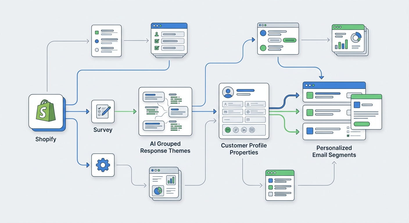 A clean data flow illustration showing a Shopify order and survey feeding profile properties, AI grouped themes, and campaign segments inside an email platform
