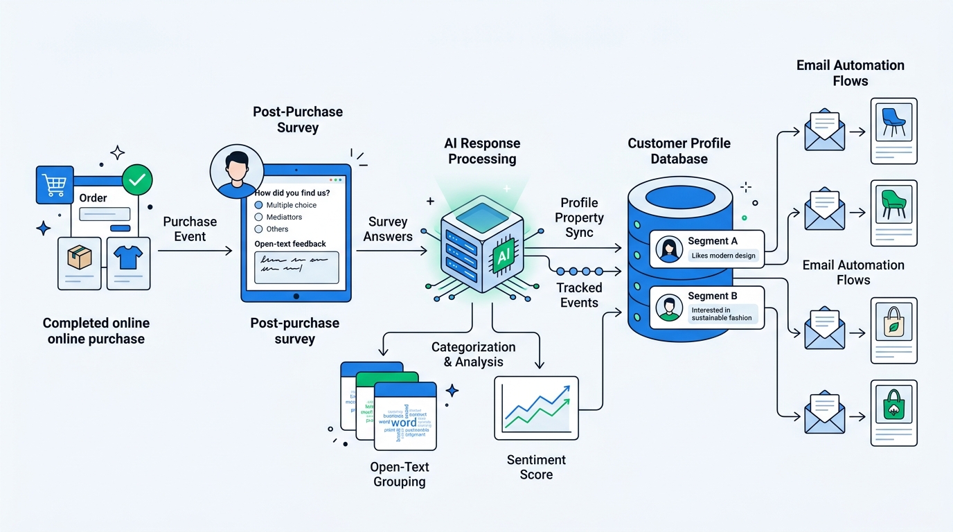 A clean systems diagram showing Shopify purchase data, post-purchase survey responses, AI grouping of answers, and synchronized Klaviyo profile properties and events powering segmented flows