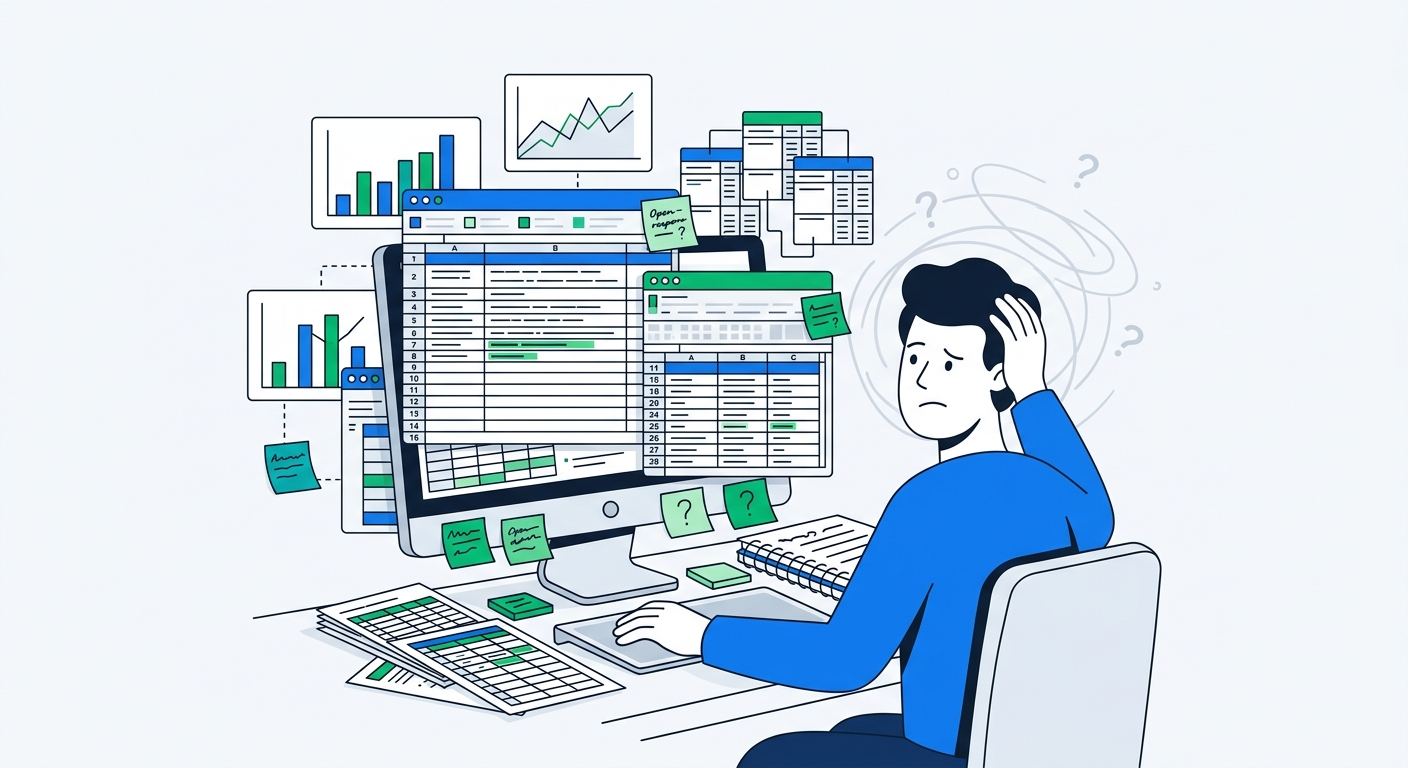 A cluttered workspace with multiple open Excel spreadsheets full of survey data, sticky notes, frustrated merchant trying to manually analyze open-text responses, charts and pivot tables, overwhelmed feeling, editorial illustration style