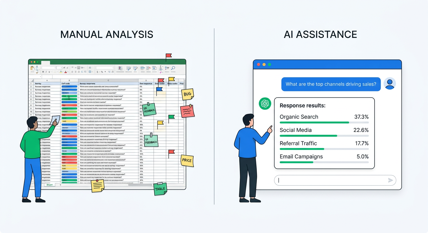 A side-by-side comparison of analyzing survey data: a messy spreadsheet with manual tags on the left versus a clean AI chat interface that answers questions about the data on the right