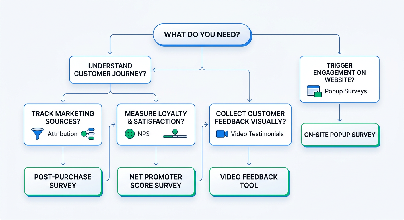 A decision flowchart for choosing the right survey app, with branching paths from different use cases like Attribution, NPS, Video Testimonials, and Popup Surveys leading to different recommendations