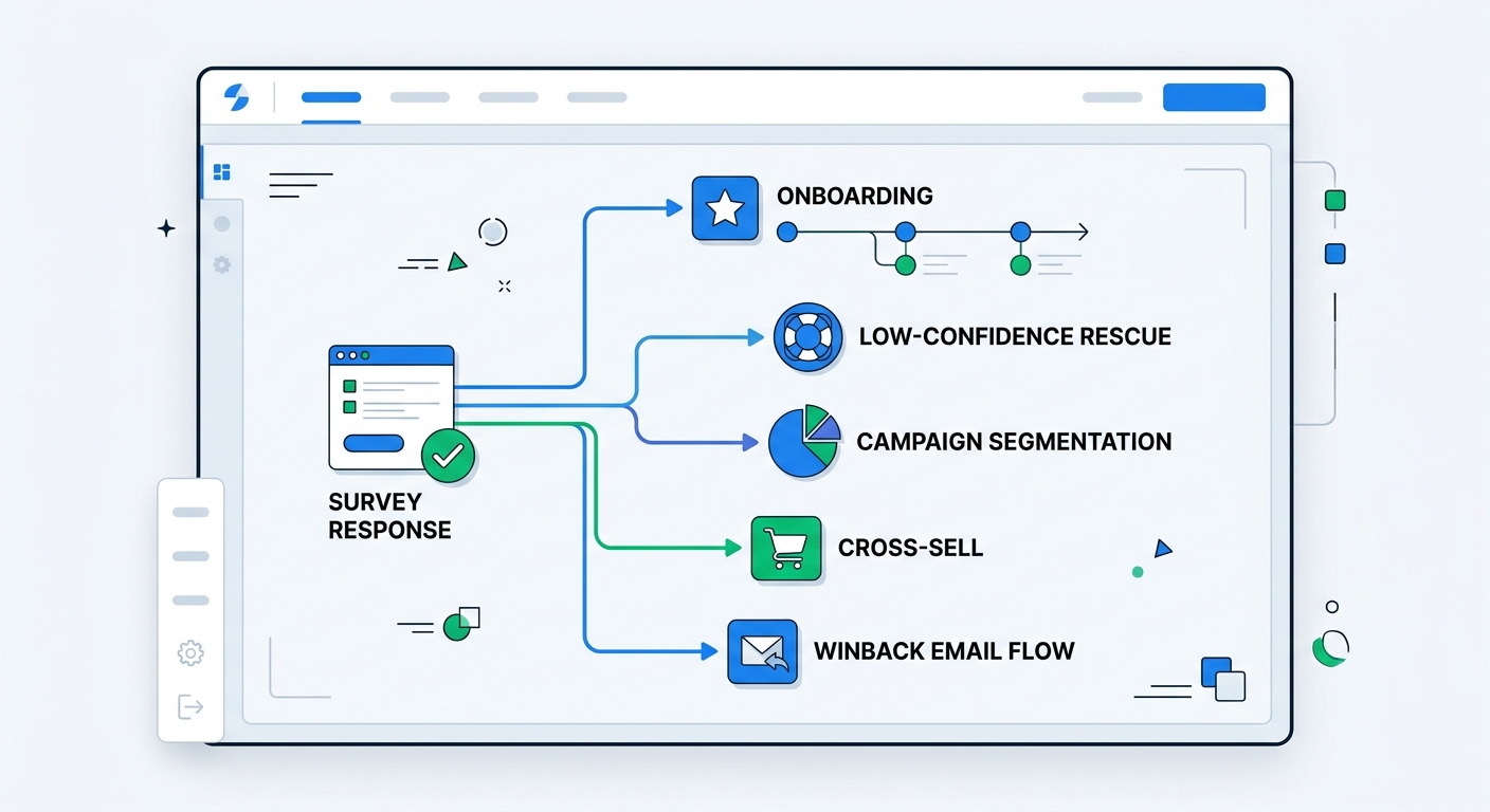 An automation diagram showing survey data branching into onboarding, rescue, campaign segmentation, cross-sell, and winback email flows