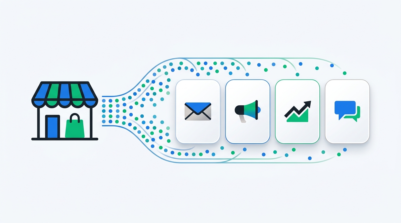 A diagram showing popup survey data flowing into different marketing tools: email platform, ad platforms, analytics, and AI analysis