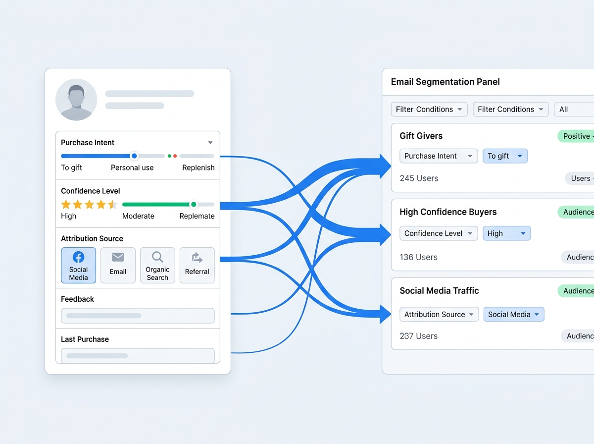 An order confirmation survey interface paired with a customer profile card, highlighting fields like purchase intent, confidence level, and attribution source flowing into an email platform