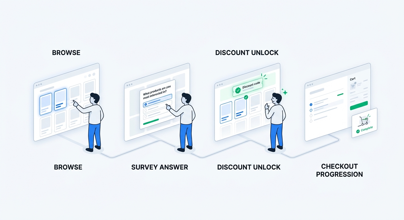 A customer journey illustration showing a shopper browsing, receiving a timed one-question popup, answering, unlocking a discount code, and continuing to checkout