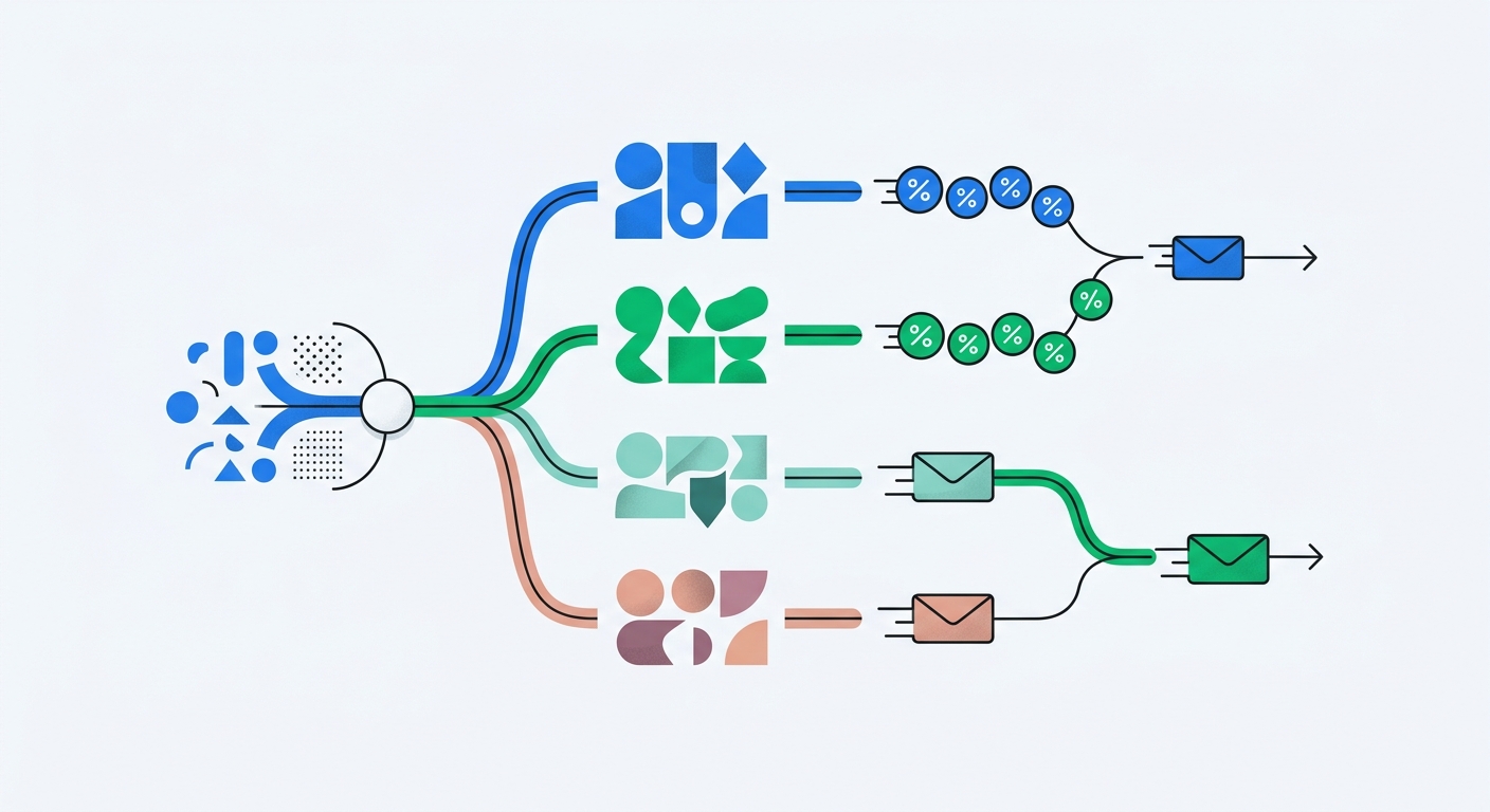 A clean dashboard-style illustration showing survey responses flowing into segmentation, discount rules, and follow-up email paths for a Shopify store
