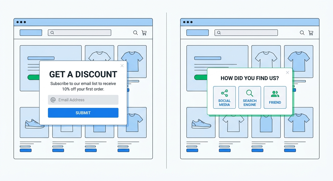 A side-by-side comparison of two ecommerce popups, one generic email-for-discount form and one one-question survey popup that unlocks a discount after an answer