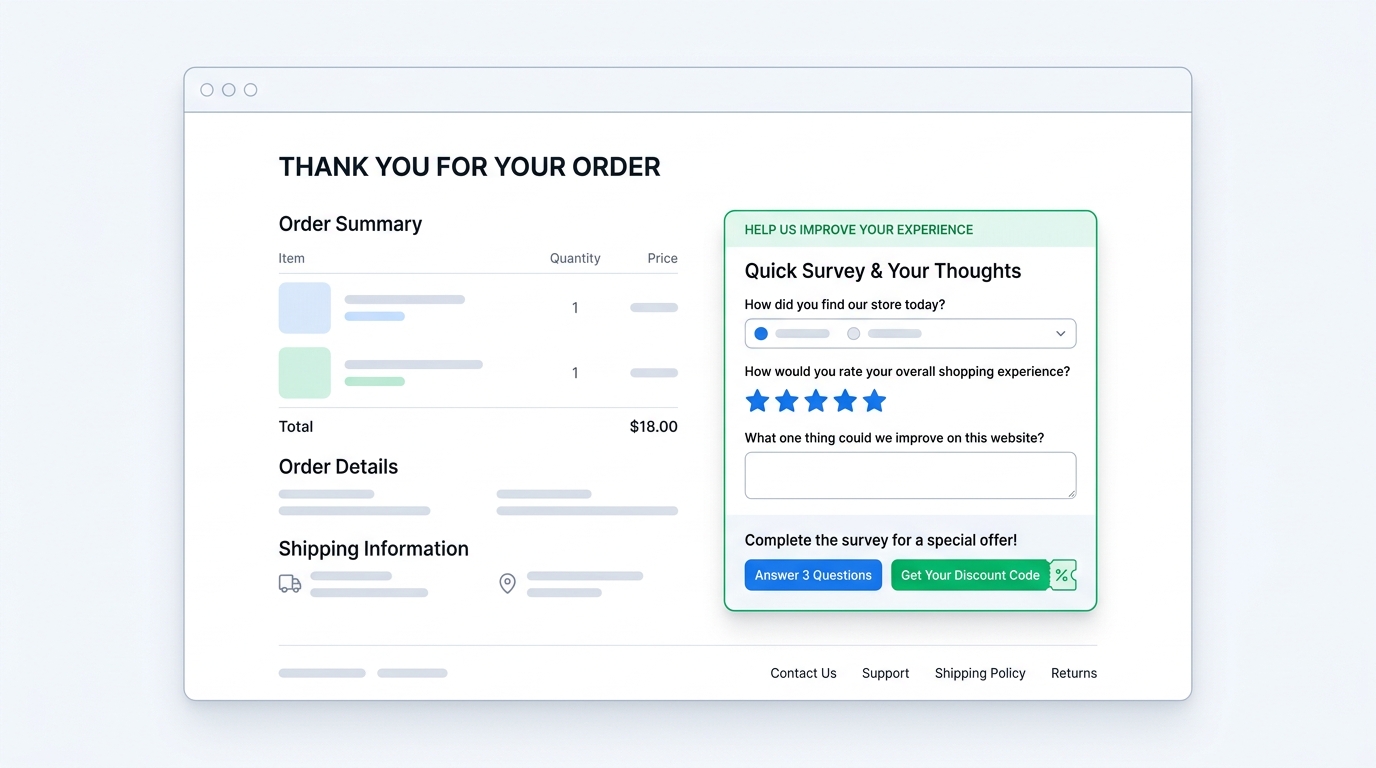 Shopify order confirmation or thank you page with an embedded post-purchase survey form asking 2-3 short questions, option to get a discount code after answering, clean browser interface mockup, editorial style no branding