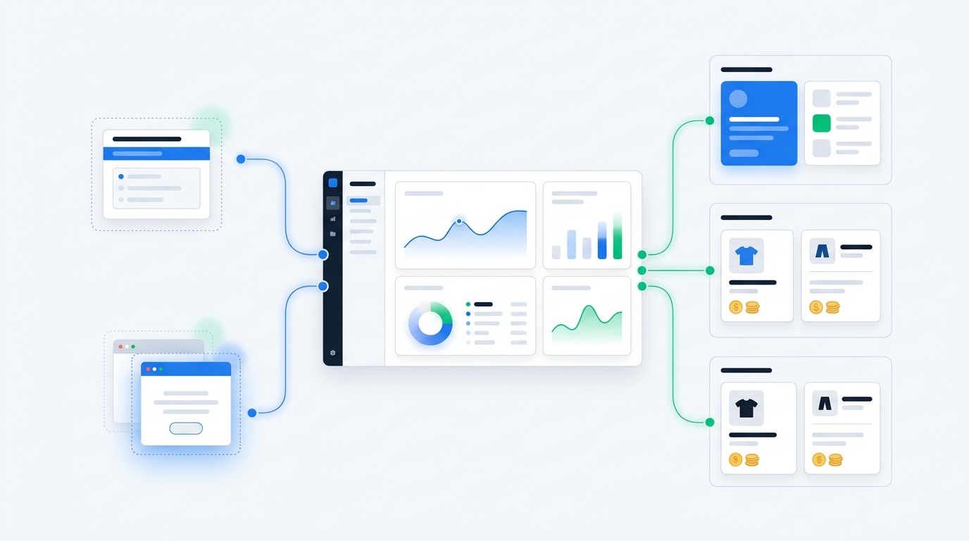 A clean analytics workspace connecting embedded and popup survey responses to product cards, order value icons, and grouped insight panels, with no readable text