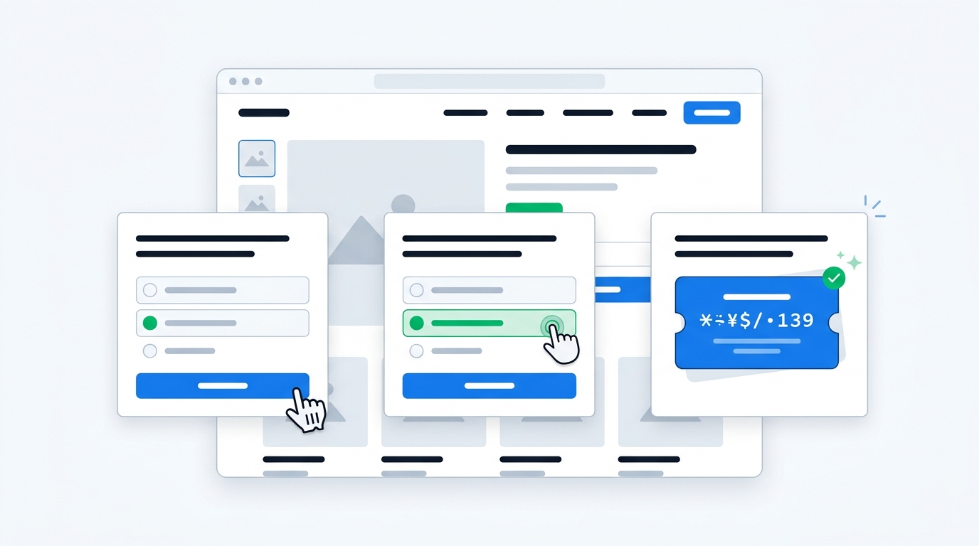 A three-step popup survey flow: question appears, visitor answers, unique discount code is generated and displayed