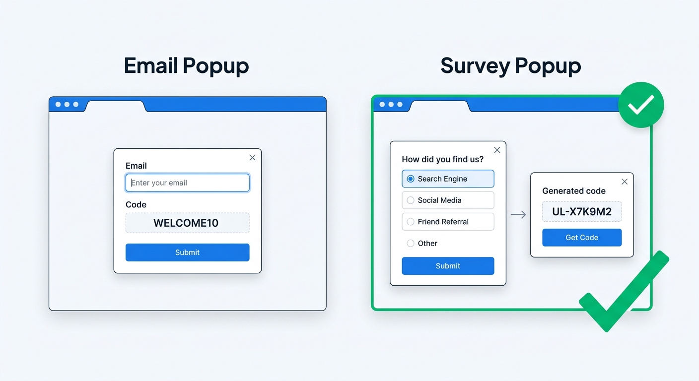 A side-by-side comparison of two popup approaches: on the left, a traditional email capture popup with a static discount code; on the right, a survey popup that generates a unique discount code after the visitor answers a question