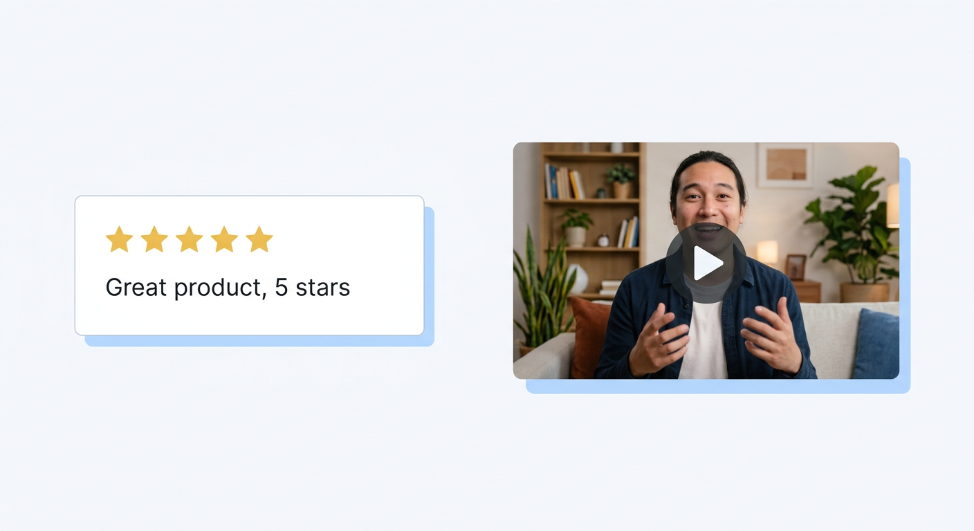 A side-by-side comparison of a flat text star review versus a rich video testimonial with a real person talking