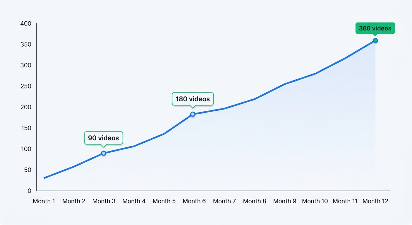 A growth chart showing real UGC library compounding over 12 months, from 30 videos in month 1 to 360+ by month 12