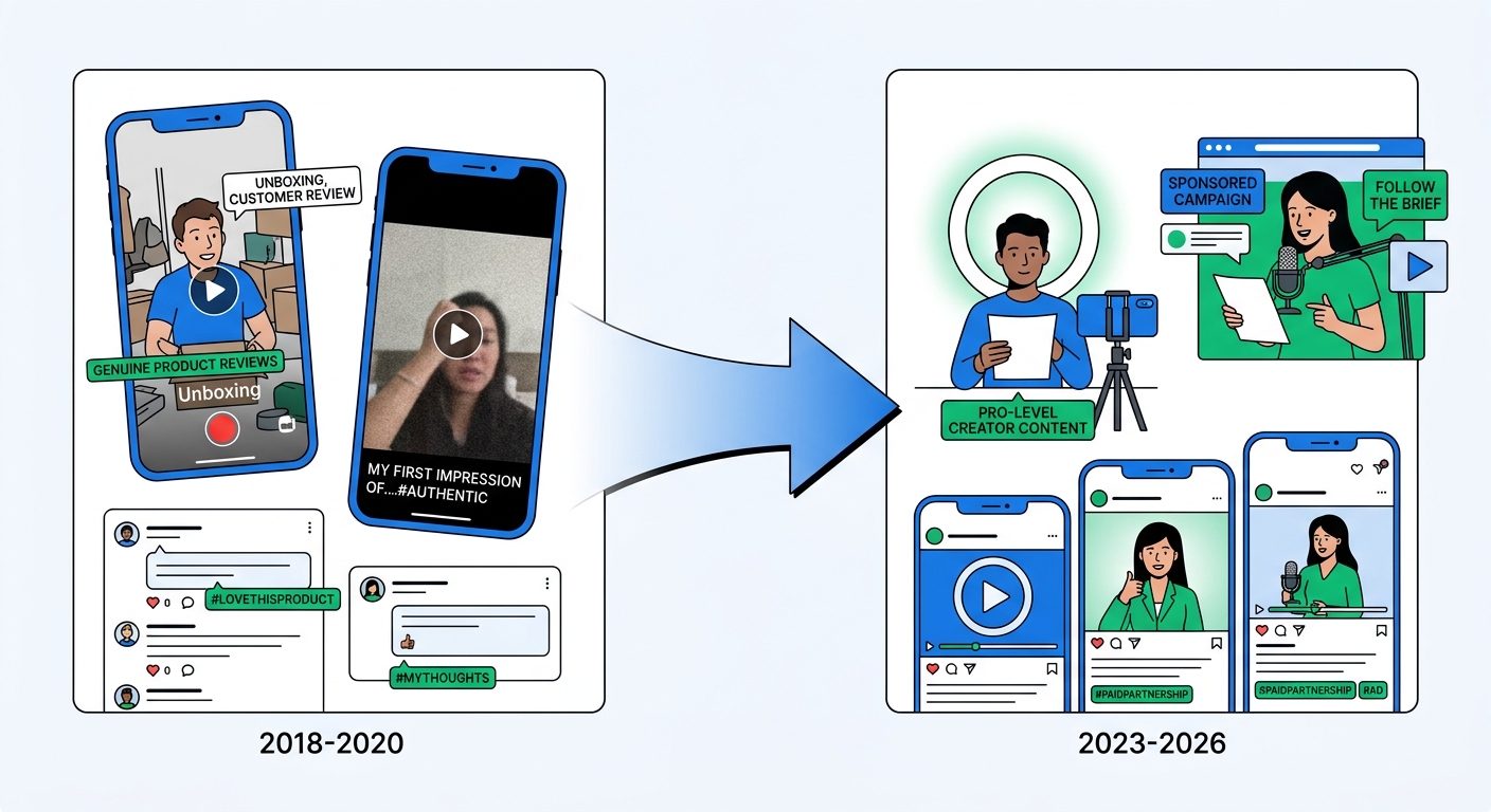 A diagram showing the evolution of the term UGC, from genuine customer content on the left to paid creator content labeled as UGC on the right