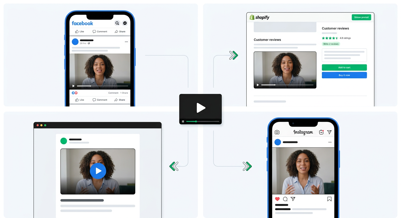 A single customer video testimonial being reused across four channels: Meta ad, product page, email campaign, and Instagram post