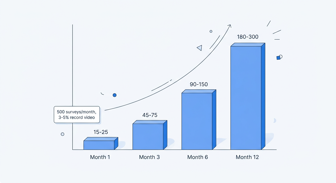 A bar chart showing video testimonial volume compounding over time: 15-25 in month 1, 45-75 by month 3, 90-150 by month 6, and 180-300 by month 12