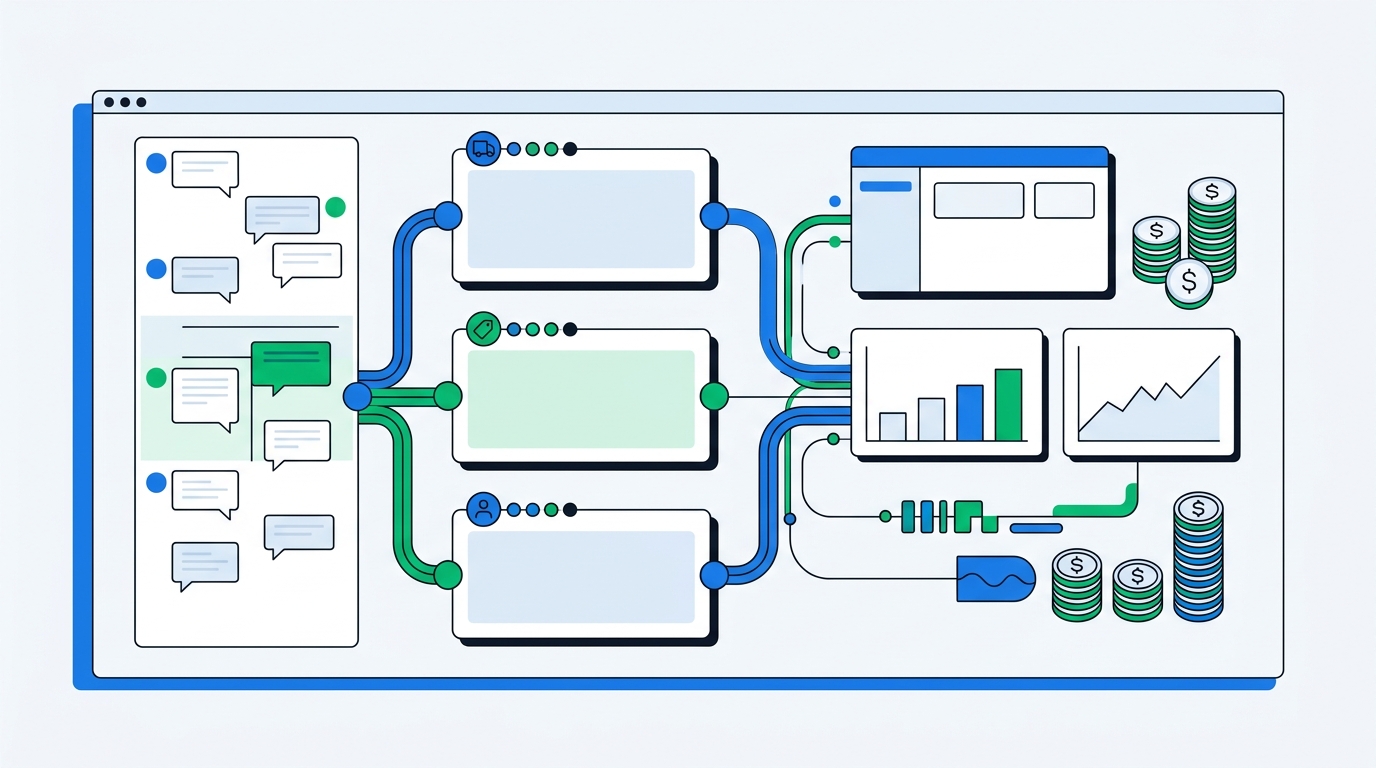 A weekly ecommerce feedback review workspace showing cart abandonment survey responses grouped into clean themes and connected to revenue metrics, with abstract dashboard panels and no readable text