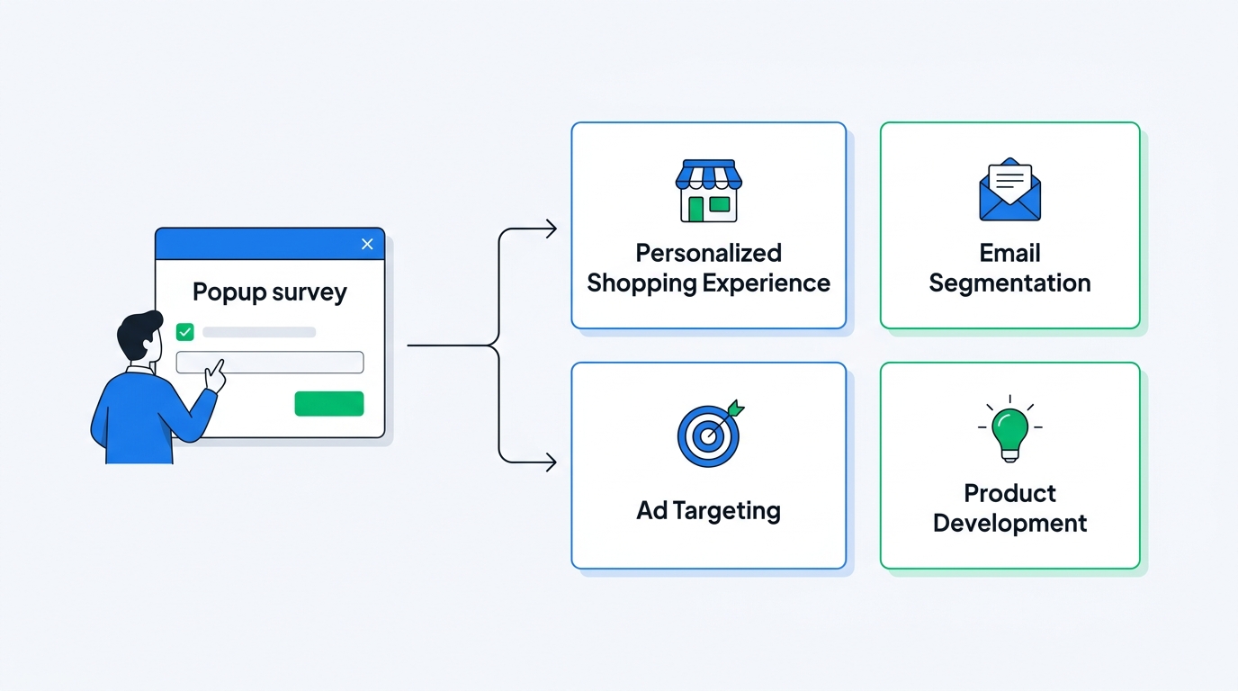 A flow diagram showing zero-party data collected from a popup survey feeding into four downstream systems: personalized on-site experience, email segmentation, ad targeting optimization, and product development feedback